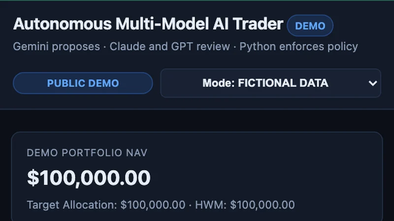 The AI trader demo dashboard with a fictional $100,000 portfolio