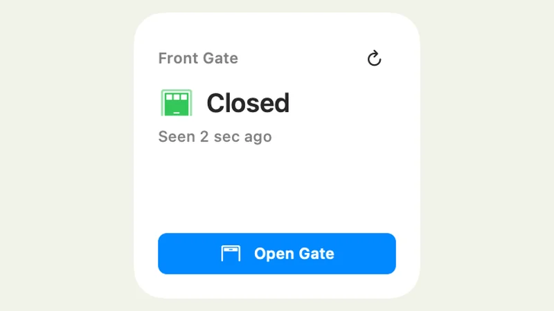The Gate Opener desktop widget showing Closed and an Open Gate button, with simulated data